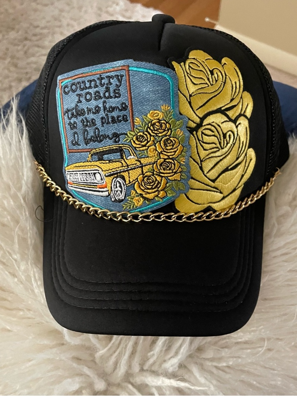 Black Trucker Hat with Yellow Rose & Vintage Truck Patch